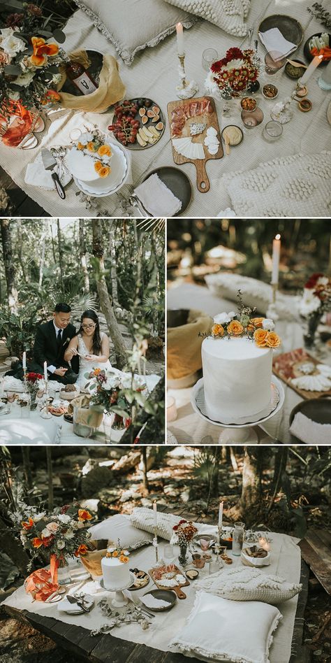 Micro Wedding Picnic, Picnic Wedding Attire, Elopement Picnic Table, Rustic Picnic Wedding, Wedding Anniversary Picnic Ideas, Picnic Aesthetic Wedding, Picnic Wedding Theme, Elopement Food Ideas, Picnic Wedding Photoshoot