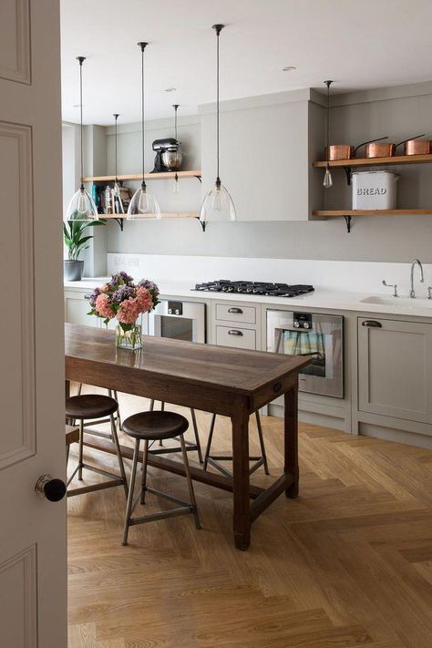 I love the use of antique tables in the kitchen - old enough so you won't mind if it's scratched! #kitchenrenovation #kitchen #home #improvements #antique #Victorian #kitchendesign Antique Tables, Kitchen Company, Kitchen Design Trends, Home Improvements, Shaker Kitchen, Kitchen Trends, Kitchen Layout, Kitchen Chairs, Kitchen Home