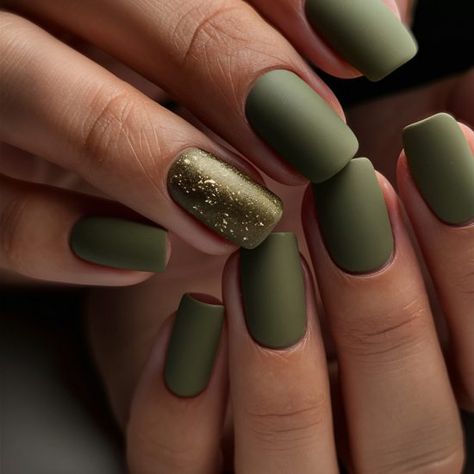 1 Rust And Green Nails, Fall Nail Designs Olive Green, November Green Nails, Fall Season Nails Green, Matte Olive Nails, November Matte Nails, Matte Green Fall Nails, Green November Nails, November Nails Matte