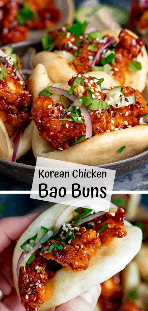 Korean Chicken Bao - foft and fluffy steamed mini bao buns filled with crispy Korean chicken – with full step-by-step instructions. A fantastic party food idea that will really impress your guests! #baobun #chickenbao #koreanchicken #partyfood #gameday #fingerfood Korean Chicken Bao, Chicken Bao Buns, Korean Chicken, Bao Buns, Korean Dishes, Think Food, Korean Bbq, Asian Cooking, Asian Dishes