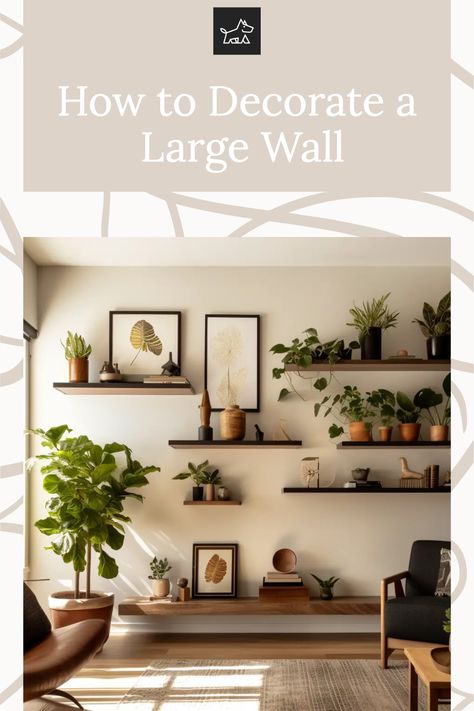 Get insights into creating a textured wall with wall hangings or tapestries. This pin provides suggestions for using fabric wall hangings, macramé pieces, or large tapestries to add warmth and texture to a large wall, offering a cozy and inviting ambiance to the space. Large Wall Of Shelves, Shelving Above Sofas, How To Style A Large Wall Living Rooms, Decorate Large Wall Behind Couch, Large Wall Decoration Ideas, Living Room Wall Plant Decor Ideas, How To Decorate A Huge Wall, Huge Blank Wall Ideas, Big White Wall Decor