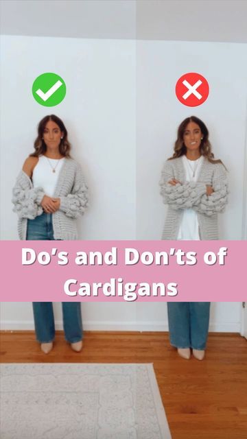 Style Tips | Amazon Fashion on Instagram: "✨The Do’s and Don’ts of Cardigans. Follow for more. Comment for links, DM me, or find everything linked in my profile. ✨These are suggestions. Of course, wear what makes you feel good and confident. #cardigan #cardigans #stylist #fallfashiontips #falltime #oversizedsweater #oversizedcardigan #stylish #stylingtips" Cardigan Fall Outfit Aesthetic, Outfit Ideas With Long Cardigan, Grey And White Cardigan Outfit, Kimono Sweaters & Cardigans, Cardigan Length Guide, Cute Ways To Wear A Cardigan, Styles With Cardigans, Tshirt With Cardigan Outfit Graphic Tees, Woman’s Cardigan