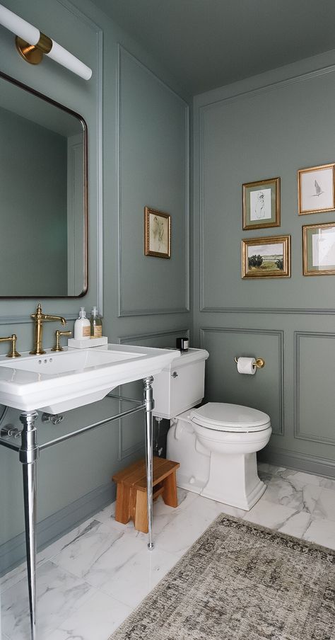 Creating A Moody Powder Bathroom: Progress Photos & A Mini Reveal! - Timeless Blue Bathroom, Not White Bathroom, Historical Tiles Bathroom, Intrigue Benjamin Moore Bathroom, Bedroom Walls And Trim Same Color, Fun House Paint Ideas, Bm Atmospheric Paint, Moody Bathroom White Cabinets, Cape Cod Powder Room