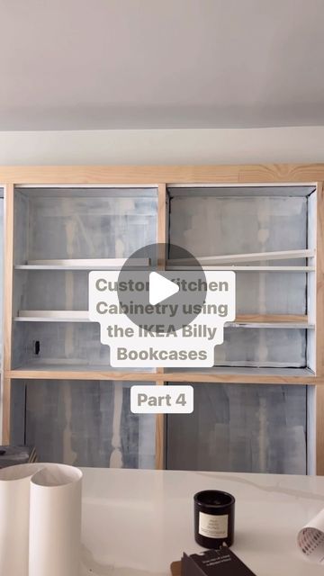 DIY Home Reno | Brooke Rose on Instagram: "Custom Kitchen Cabinetry using the IKEA Billy Bookcases Part 4!  Many of you have been asking & it’s finally here. The key to making any IKEA or basic cabinetry look custom is all in the details. I’ve been adding additional wood & trim to these bookcases and really thinking how I can maximize this space.  Like all projects, your plan evolves as you go and this one is no different. Originally I was just going to put doors on all of the cabinets but then decided I would keep the two center cabinets open and build my own plate racks to really maximize the use of this space. A previous comment was made asking if these would even be able to house plates because they are on the shallower side and now, there will be zero issues housing any plate you (or Build Your Own Kitchen Cabinets Diy, Billy Bookcase Kitchen Cabinets, Adding Trim To Ikea Cabinets, Kitchen Billy Bookcase, Billy Kitchen Hack, Adding Trim To Billy Bookcase, How To Add Doors To A Bookcase, Billy Bookcase Kitchen, Adding Doors To Bookcase