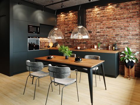 Industrial Loft Kitchen, Loft Style Kitchen, Loft Style Apartment, Kitchen Loft, Style Apartment, Industrial Kitchen Design, Brick Decor, Scandinavian Style Home, Loft Kitchen