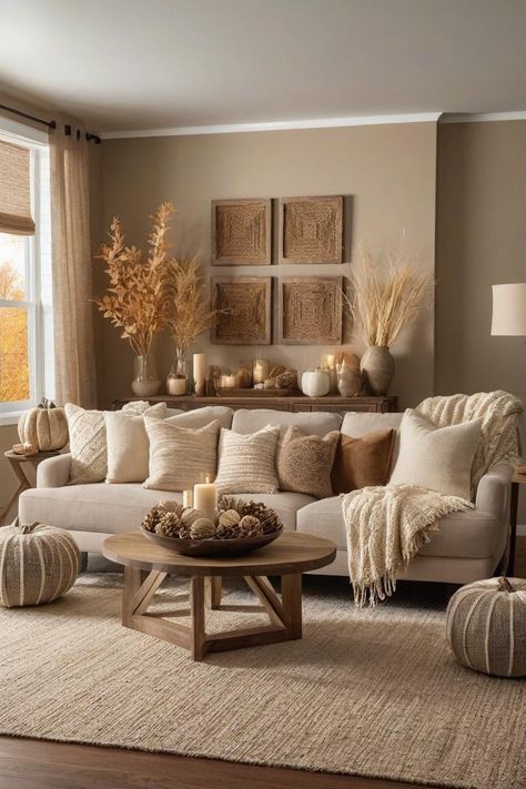 White And Caramel Living Room, Light And Neutral Living Room, Cream And Natural Wood Living Room, Neutral Wooden Living Room, Beige Living Room Ideas Cozy, Clay Color Living Room, Beige Wood Furniture, Earthy Tone Decor, Orange And Neutral Living Room