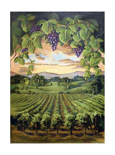 Vineyard Vineyard Drawing, Vineyard Wedding Centerpieces, Vineyard Vines Outfits, Vineyard Painting, Vineyard Decor, Vineyard Engagement Photos, Hand Painted Mural, Tuscan Art, Themed Paintings