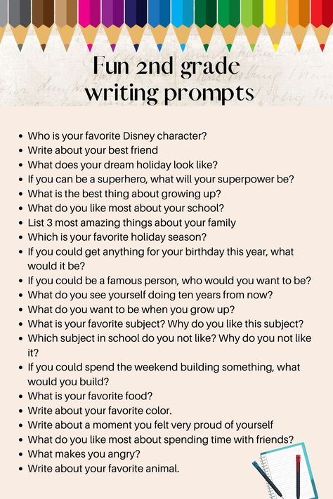 Fun 2nd grade writing prompts Second Grade Fun Activities, Writing Topics For First Grade, Preparing For 2nd Grade, 2nd Grade Story Writing, Grade 1 Writing Prompts, Creative Writing Topics For Grade 2, Second Grade Writing Prompts Free, Second Grade Journal Prompts, Writing 1st Grade Activities