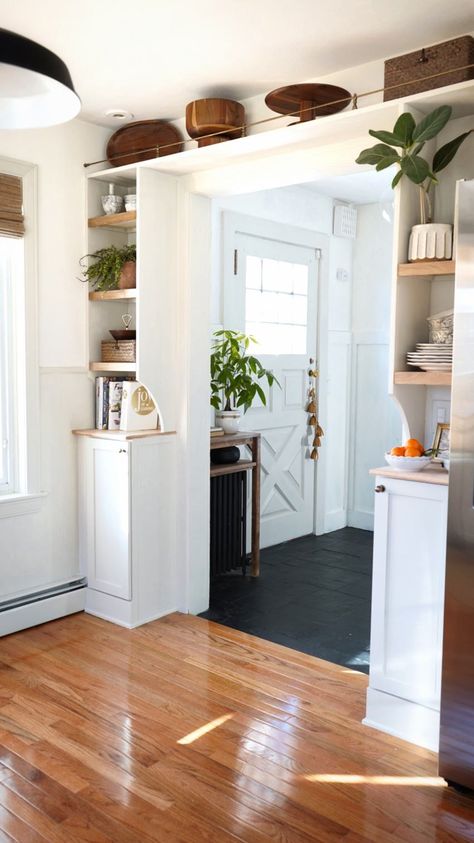 Galley Kitchen End Wall, Kitchen Cabinet Next To Doorway, Kitchen Split By Doorway, Wall To Wall Storage Cabinets, Create Entryway In Living Room, Fridge Alcove, Shelf Over Doorway, Kitchen Pass Through To Dining Room, Kitchen Entry Design