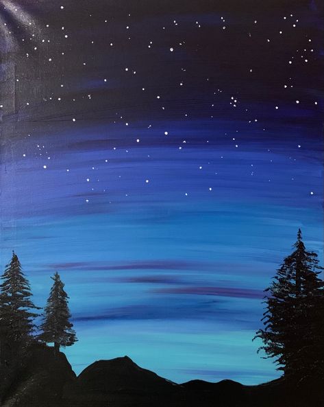 Night Sky With Stars Painting, Painting Ideas Night Sky Easy, Sky Scenery Painting, Easy Paintings Night Sky, Starry Sky Painting Acrylic, Painting Ideas Blue Background, Painting Ideas On Canvas Blue Background, Blue Drawings Aesthetic Easy, Dark Sky Painting Easy