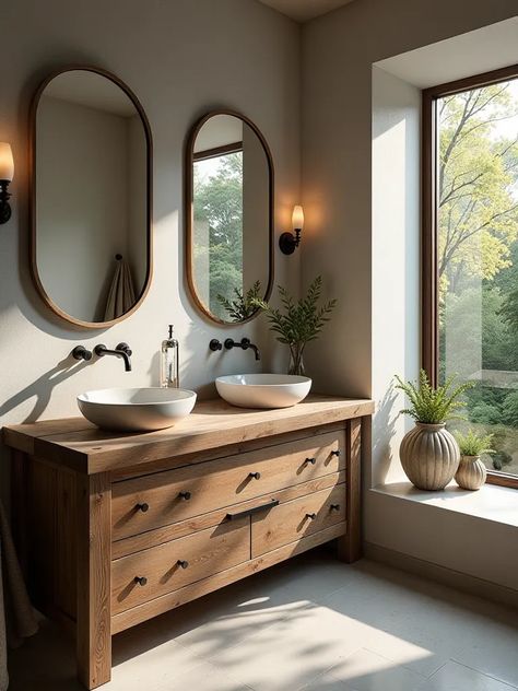 Chic bathroom with wooden double vanity, modern sinks, and picturesque window view Small Space Double Sink, Bathroom Vanity Unit Wood, Master Bath Vanity Ideas Double Vessel Sinks, Bathroom Remodel With Double Vanity, Bathrooms With Two Sinks, Bathroom Remodel His And Her Sinks, Floating Bathroom Countertop, Double Sink In Small Bathroom, Vessel Sink Double Vanity