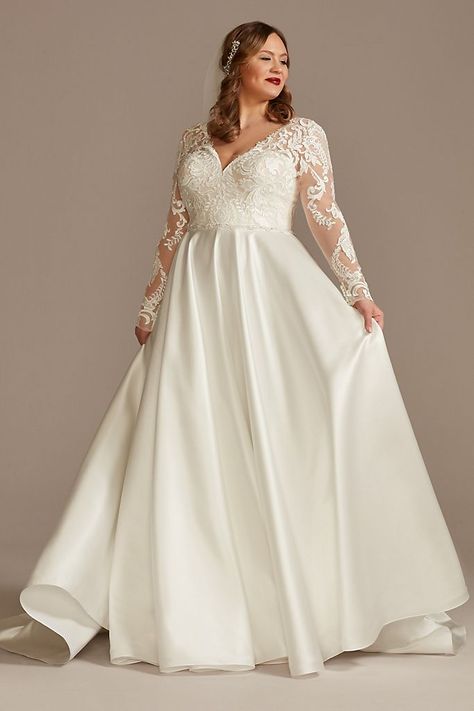 Long Sleeve Satin Tall Plus Applique Wedding Dress | David's Bridal Long Sleeve Satin Wedding Dress, Plus Wedding Dresses, Davids Bridal Wedding Dresses, Wedding Gowns With Sleeves, Applique Wedding, Oleg Cassini, Applique Wedding Dress, Satin Wedding Dress, Long Sleeve Wedding