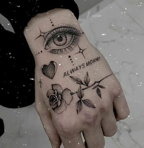 hand tattoo Ojo Tattoo, Rose Hand Tattoo, Hand And Finger Tattoos, Wrist Tattoos For Guys, Tatuaje A Color, Tattoo Desings, Small Hand Tattoos, Hand Tattoos For Guys, Eye Tattoo