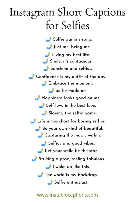 Discover a collection of fun and creative short selfie captions to level up your Instagram game! From witty one-liners to inspiring quotes, find the perfect caption to complement your selfies and express your personality. Strike a pose and let these captions do the talking! 😎📸 #SelfieCaptions #InstagramCaptions #FunCaptions Short Selfie Captions, Cute Selfie Captions, Captions For Selfies, Instagram Post Captions, Short Captions, One Word Instagram Captions, Short Instagram Quotes, Funny Instagram Captions, Short Instagram Captions