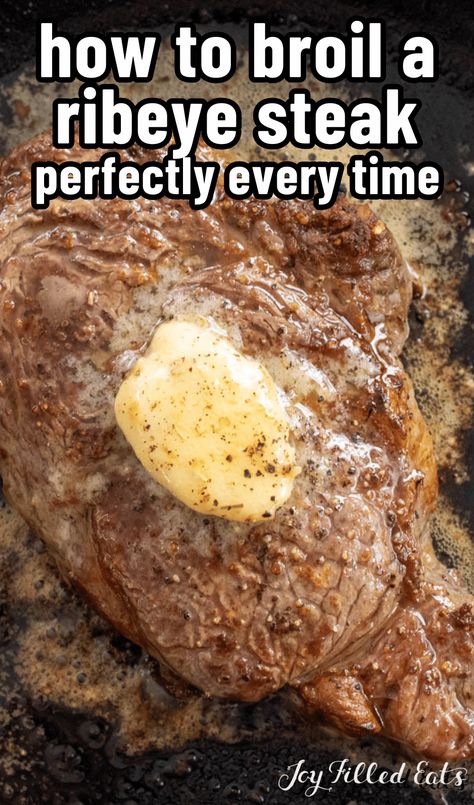 This Broiled Ribeye recipe is tender, juicy, and has the best flavor. Learn how to oven broil steak perfectly every time! Beef Ribeye Steak Recipe, Rib Eye Steak Recipes Oven, Beef Rib Steak, Ribeye Recipe, How To Cook Ribeye, Cow Recipes, Prime Rib Steak, Rib Eye Recipes, Thm Meals