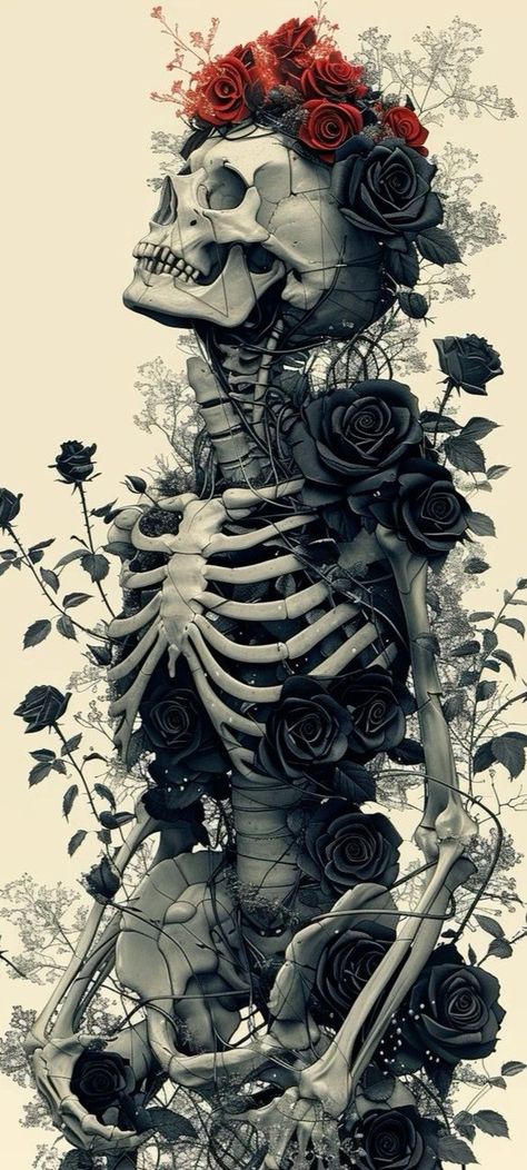 Skull Homescreen, Skeleton Background Aesthetic, Skeletons Aesthetic, Skeletons Wallpaper Aesthetic, Wallpapers Halloween, Skeleton Wallpaper, Skeleton Artwork, Skull And Roses, Gothic Wallpaper