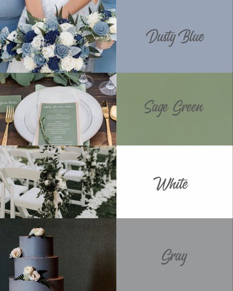 Dusty Blue Sage Green Silver Wedding, Dusty Sage And Dusty Blue Wedding, Wedding Color Gray, Grey Color Scheme Wedding, Dusty Blue Sage Green White Wedding, Dusty Blue Wedding Pallet, Dusty Blue Sage Green Grey Wedding, Dusty Blue And Sage Green Wedding Color Palette, Dusty Blue Gray Wedding