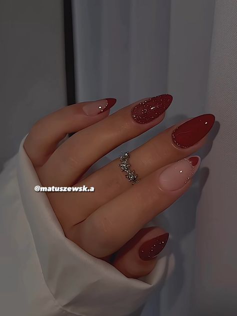 Formal Nails For Red Dress, Red Nails Design Ideas Classy Short, Red Nails With Glitter Tips, Simple Nail Extension Design, Nails For Red Dress Ideas Prom, Dark Nails Glitter, February Nails Red, Red Nail Extensions, Dark Red Nails Aesthetic