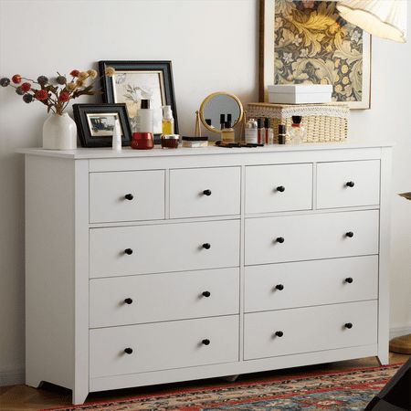 Boys White Bedroom Furniture, Trendy Dresser Decor, Large White Dresser, Best Nursery Dresser, White Dresser Nursery, Dresser Ideas Bedroom, Big Dressers, Top Of Dresser Decor, White Bedroom Furniture Sets