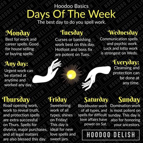 Ms Avi on Instagram: “~*~ HOODOO BASICS: DAYS OF THE WEEK ~*~ What day should you work you spell? Here’s a handy chart! #spells #magick #daysoftheweek…” Money Spells Magic, Wicca Recipes, Hoodoo Magic, Hoodoo Conjure, Hoodoo Spells, Good Luck Spells, Spells For Beginners, Easy Spells, Purple Moon