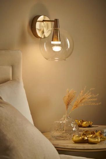 Wall Lights Hallway Entrance, Wall Lights Living Room Uk, Brass Accents Bedroom, Glass Wall Lights Living Room, Alcove Wall Lights, Sitting Room Wall Lights, Scandi Wall Lights, Non Wired Wall Lights, Bedroom Panelling With Wall Lights