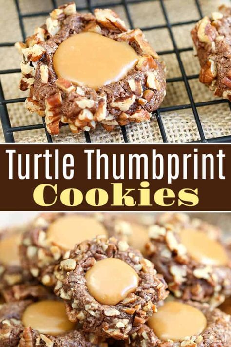 Thumbprint Cookies With Icing, Turtle Cookies Recipe, Cookies Thumbprint, Homemade Turtles, Cookies Icing, Chewy Chocolate Cookies, Turtle Cookies, Thumbprint Cookies Recipe, Caramel Bits