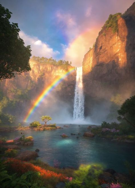 Waterfalls Aesthetic, Aesthetic Waterfall, Waterfall Rainbow, The Sky Painting, Rainbow Landscape, Rainbow Nature, Hd Landscape, Alevel Art, Rainbow Waterfall