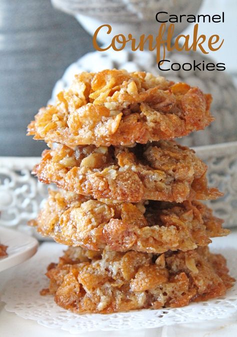 Caramel Cornflake Cookies - Threadbare Creations Cornflake Recipes, Cornflake Cookies Recipe, Threadbare Creations, Cornflake Cookies, Cereal Cookies, Recipes Tutorials, Cereal Treats, Quilt Designs, Biscuit Recipe