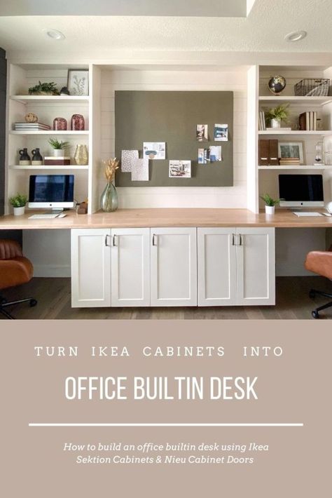 Ikea Business Office, Office Wall Cabinets Ikea, Ikea Wall Of Cabinets, Base Cabinets Ikea, Home Office Rumpus Room, Ikea Cabinet Office Built In, Ikea Kitchen Cabinet Office Hack, Ikea Built In Desk Hack Living Room, Ikea Desk And Tv Unit