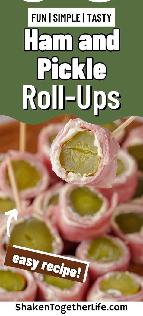 Ham and pickle roll ups are an easy and fun party appetizer or afternoon snack! Pickle wraps with cream cheese and ham take just a few minutes to make and are always a huge hit. Ham And Pickle, Pickle Roll Ups, Pickle Wraps, Ham Roll Ups, Easy Pickle, Cold Finger Foods, Finger Food Desserts, Ham Wraps, New Years Appetizers