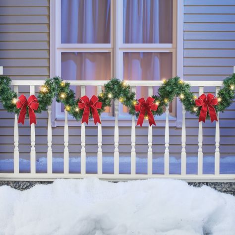 Garland With Bows, Festive Garland, Porch Door, Winter Garland, Outside Christmas Decorations, Christmas Porch Decor, Christmas Decorations Diy Outdoor, Sparkling Lights, Light Garland