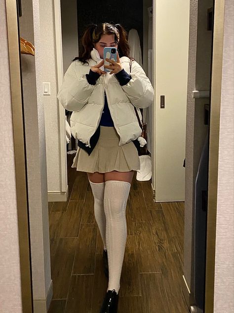 Tights And Knee High Socks, White Stockings Outfit Winter, Skirt Stockings Boots, Skirt And Thigh Highs Outfit, Skirt With Thigh High Socks Outfit, Winter Thigh High Socks Outfit, Mini Skirt And Tights Outfit Winter, Thigh High And Skirt, Sheer Thigh High Socks Outfit