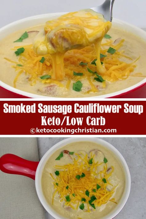 Smoked Sausage & Cauliflower Cheddar Soup - Keto Sausage Cauliflower, Soup Sausage, Cauliflower Cheddar Soup, Cauliflower Cheddar, Lite Recipes, Soup Keto, Fennel Soup, Keto Pork, Sausage Soup Recipes