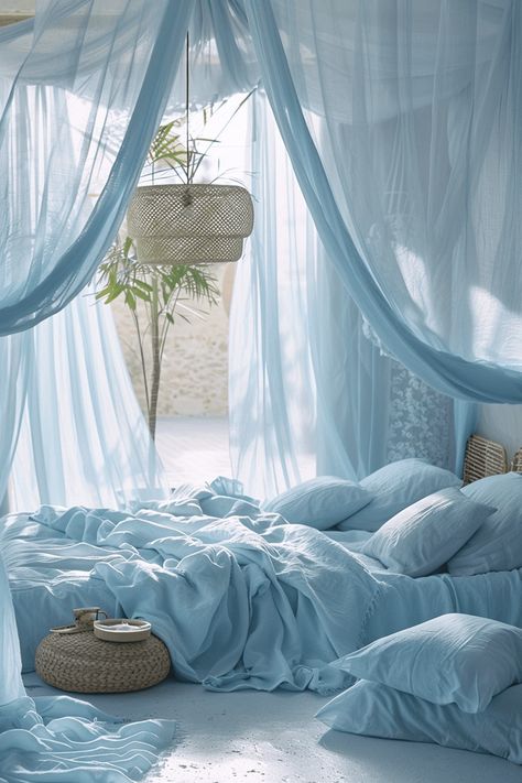 Light Blue Boho Bedroom, Eccentric Bedroom, Blue Boho Bedroom Ideas, Blue Boho Bedroom, Light Blue Rooms, Light Blue Bedroom, Mermaid Bedroom, Glitter Photography, Light Blue Walls