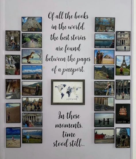 Travel Photo Wall Ideas Hallway, Traveling Pictures Ideas Display, Display Travel Photos Wall Art, Displaying Travel Photos On Wall, Travel Shelf Display, Travel Photo Wall Ideas Living Room, Travel Picture Wall Ideas Photo Displays, Gallery Wall Ideas Travel Photos, Vacation Wall Display