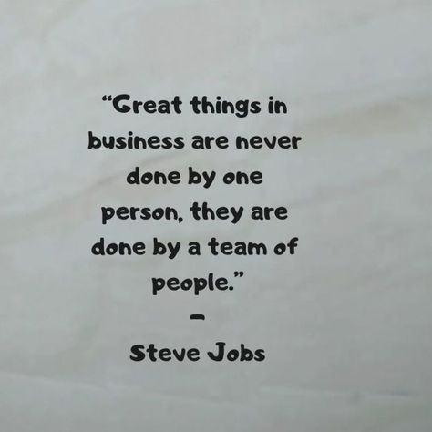 “Great things in business are never done by one person, they are done by a team of people.” - Steve Jobs   #teamwork #team #SteveJobsQuotes  #business #businessquotes #businesstips #group #unity #quotes #Thoughts #words #sayings #entrepreneur #entrepreneurship #share this Great Team Quotes, Team Quotes Teamwork, Inspirational Quotes For Employees, Retail Quotes, Working Together Quotes, Teamwork Quotes For Work, Teamwork Quotes Motivational, Team Work Motivation, Unity Quotes