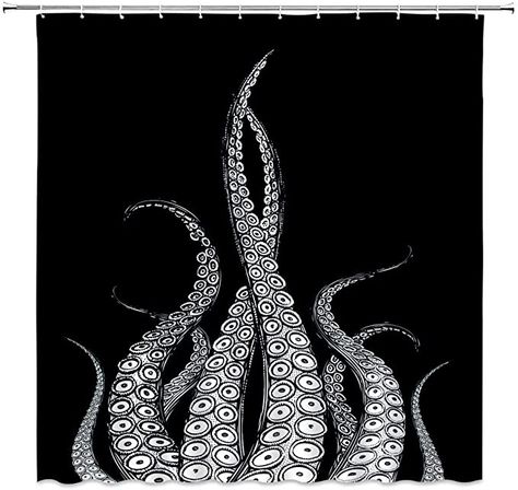 Amazon.com: XZMAN Octopus Shower Curtain White Octopus Tentacles Black Background Ocean Kraken Marine Monster Abstract Vintage Black White Creative Bathroom Decor Quick Drying Fabric Set 70 Inches Include Hooks: Kitchen & Dining White Octopus, Ocean Shower Curtain, Shower Curtain Black, Bathroom Curtain Set, Octopus Wall Art, Black Ocean, Octopus Tentacles, Creative Bathroom, Vintage Sea