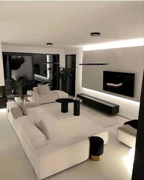 Dark Home Aesthetic Modern, Living Room Chair Inspiration, Modern Minimalist House Interior Living Rooms, Black And White House Interior, Home Interior Design Minimalist, Modern Apartment Decor Living Room, Luxury Apartment Living Room, Home Decor Ideas Luxury, Idea Bilik Tidur