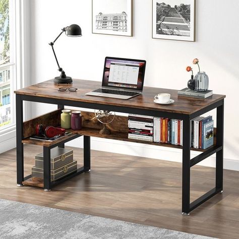 Study Table With Shelves, Large Writing Desk, Dream Apartments, Large Home Office, Computer Table Design, Metal Computer Desk, Table With Shelves, Large Computer Desk, Iron Desk