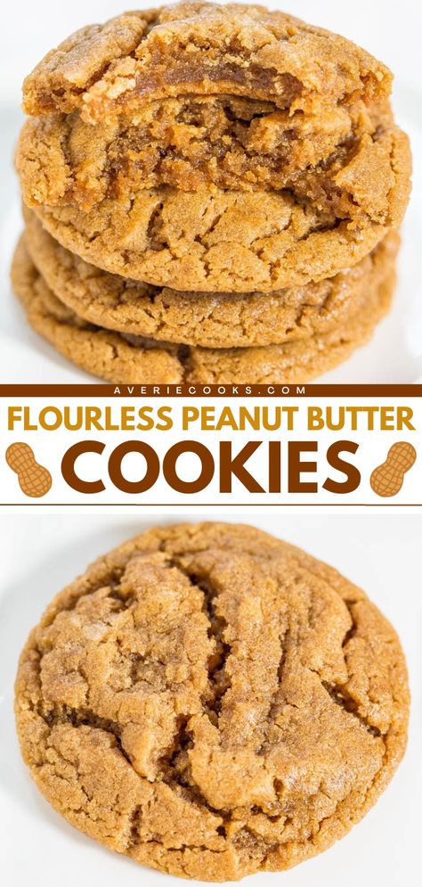 Your new favorite sweet food! It's a peanut butter cookie recipe for flourless baking. Soft, chewy, and delicious, these are The Best Flourless Peanut Butter Cookies. Plus, they're gluten-free! Put these flourless cookies on your desserts to make at home! Pb Cookies, Flourless Peanut Butter Cookies, Averie Cooks, Cookies Soft, Butter Recipes, Gluten Free Sweets, Gluten Free Treats, Peanut Butter Recipes, Foods With Gluten