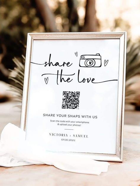 Take Pictures Wedding Sign, Guest Pix Sign, Cool Wedding Touches, Photo Ideas For Wedding Reception, Qr Photo Wedding, Wedding Special Ideas, Share Your Photos Wedding Sign, Marriage License Signing Table, Cute Wedding Sign Ideas