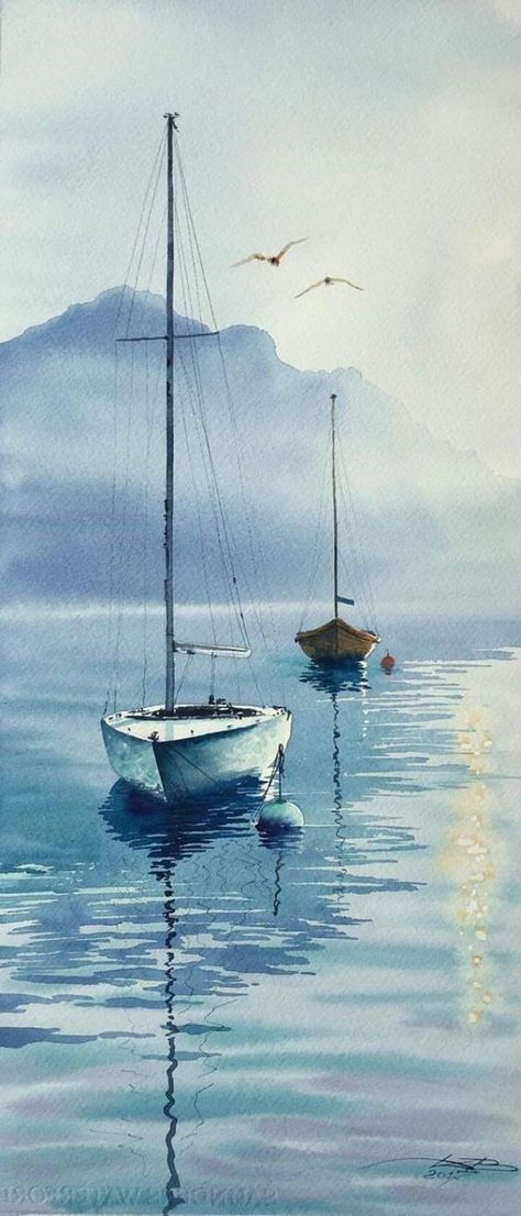 Easy Watercolor Landscape Painting Ideas #bhettinger831 Easy Watercolor Landscape, Landscape Painting Ideas, Watercolor Boat, Boat Drawing, Sailboat Painting, Boat Art, Watercolor Paintings Easy, Boat Painting, Cat Air