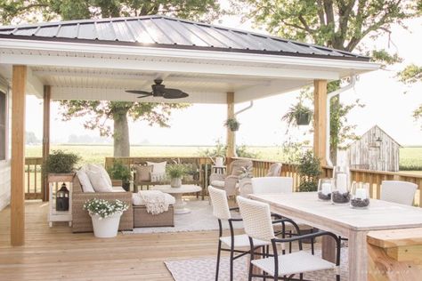 Deck Reveal - Our Completed Outdoor Living Space - Love Grows Wild Terraced Deck, Liz Fourez, Gazebo On Deck, Rustic Lake Houses, Outdoor Covered Patio, Gorgeous Farmhouse, Concrete Patios, Farmhouse Patio, Large Deck