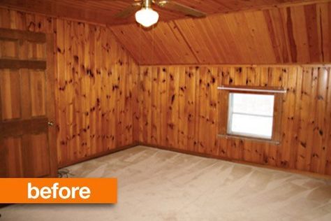 Painting Knotty Pine Walls, Painted Knotty Pine Walls, Wood Panel Bedroom, Painted Wood Ceiling, Wood Paneling Makeover, Knotty Pine Walls, Paneling Makeover, Painting Wood Paneling, Painted Wood Walls