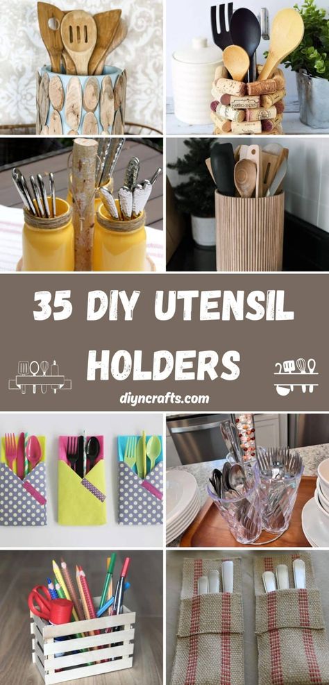 35 DIY Utensil Holders Cutlery Caddy Ideas, Plasticware Holder Ideas, Diy Silverware Holder For Party, Dollar Tree Utensil Holder Diy, Diy Cutlery Holder, Diy Cooking Utensil Holder, Utensil Holder Ideas For Party, Utensil Holder Diy, Kitchen Utensil Holder Ideas