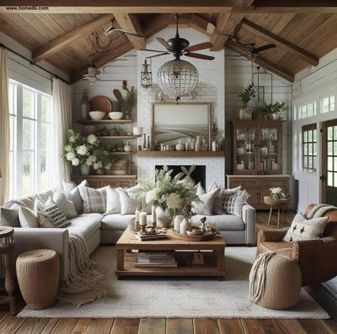 15 Stylish Modern Farmhouse Living Rooms - The Unlikely Hostess Rustic Farm Living Room, Modern Farmhouse Living Room Furniture Ideas, Large Cottage Living Room, Old Farmhouse Living Room Ideas, Italian Farmhouse Living Room, Farmhouse Livingroomideas, Classic Farmhouse Living Room, Salon Farmhouse, Rustic Country Living Room