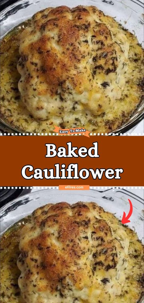 Discover the magic of Baked Cauliflower, a simple yet transformative dish that turns the humble cauliflower into a golden, crispy delight. Seasoned to perfection and roasted until just right, this dish is a versatile side that pairs well with almost anything. Get ready to fall in love with cauliflower all over again! #CauliflowerCraze #RoastedGoodness #VeggieDelight Baked Califlower, Cheesy Cauliflower Recipes, Baked Cauliflower Recipe, Cauliflower Side Dish, Roasted Cauliflower Recipes, Vegetarian Main Course, Cauliflower Dishes, Whole Roasted Cauliflower, Cauliflower Recipe