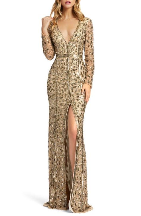 Gold Long Sleeve Dress, Egyptian Party, Neck Bracelet, Beaded Evening Gowns, Sequin Evening Gowns, Long Sleeve Evening Gowns, Gown Style, Designer Evening Gowns, Long Sleeve Evening Dresses