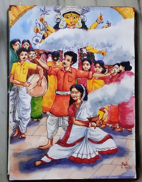 Best durga puja water color painting....#by RAI GHOSH Durga Puja Painting Composition, Bengali Durga Puja Drawing, Durga Pooja Drawing, Durga Puja Senary Drawing, Indian Festivals Painting, Durga Puja Festival Drawing, Festival Painting Watercolor, Festival Composition Drawing, Durga Pujo Drawings