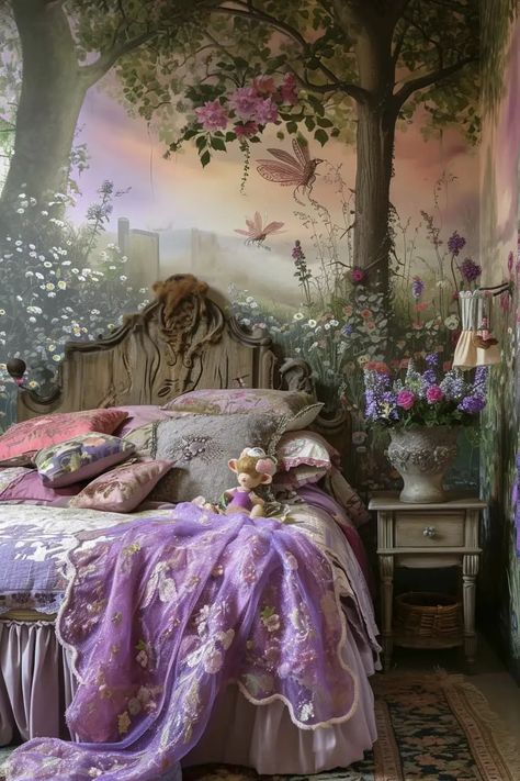 25 Magical Fairy Bedroom Ideas for a Touch of Whimsy - Roomy Retreat Fairy Decor Ideas, Whimsy Bedroom Decor, Magic Fairy Aesthetic, Enchanted Fairy Bedroom, Pink Forest Bedroom, Fairy Garden Girls Bedroom, Fairy Theme Bedroom Ideas, Purple Fairy Room, Magical Room Ideas